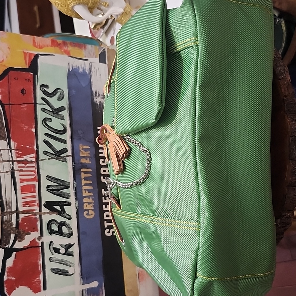 Sharif Studio Green Nylon & Leather Trim Handbag w/Pouch & Purse Charm Rare Euc! - Picture 9 of 15